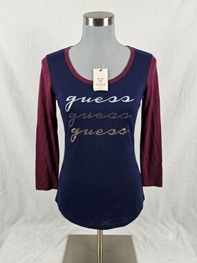 GUESS Women's Navy and Burgundy Logo Raglan Top
